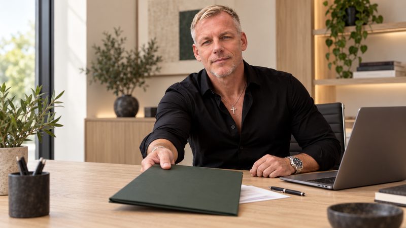 Patrick Bohn übergibt eine dunkelgrüne Projektmappe.