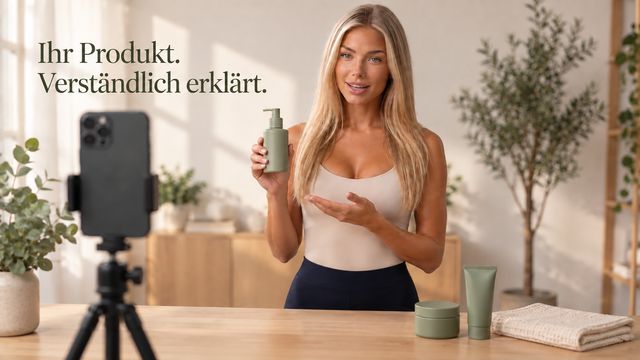 Tine präsentiert ein Pflegeprodukt vor einer Kamera.