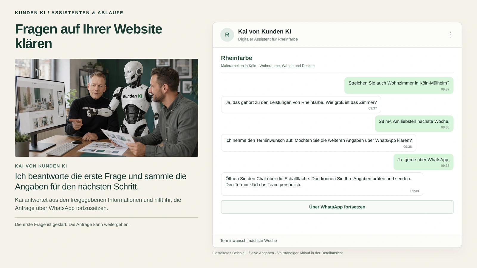 Gestaltetes Beispiel: zwei Männer und ein humanoider Roboter vor einem Bildschirm, daneben ein Website-Chat, in dem Kai eine Anfrage zum Streichen eines Wohnzimmers in Köln-Mülheim aufnimmt