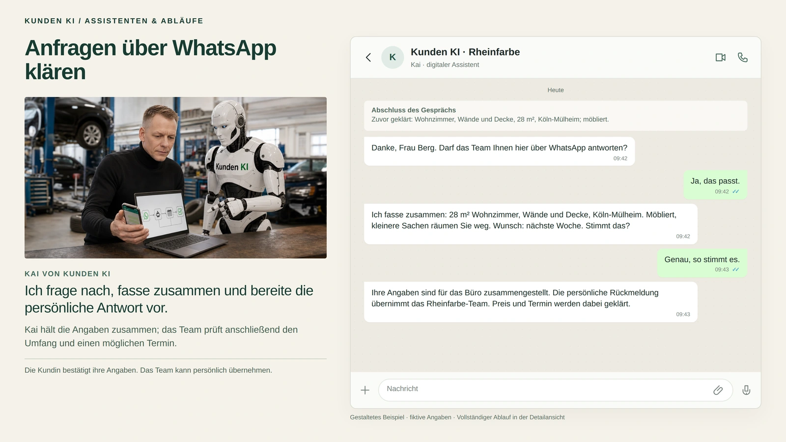 Gestaltetes Beispiel: ein Mann mit Tablet und ein humanoider Roboter in einer Autowerkstatt, daneben ein WhatsApp-Chat, in dem Kai die Anfrage zusammenfasst und bestätigen lässt