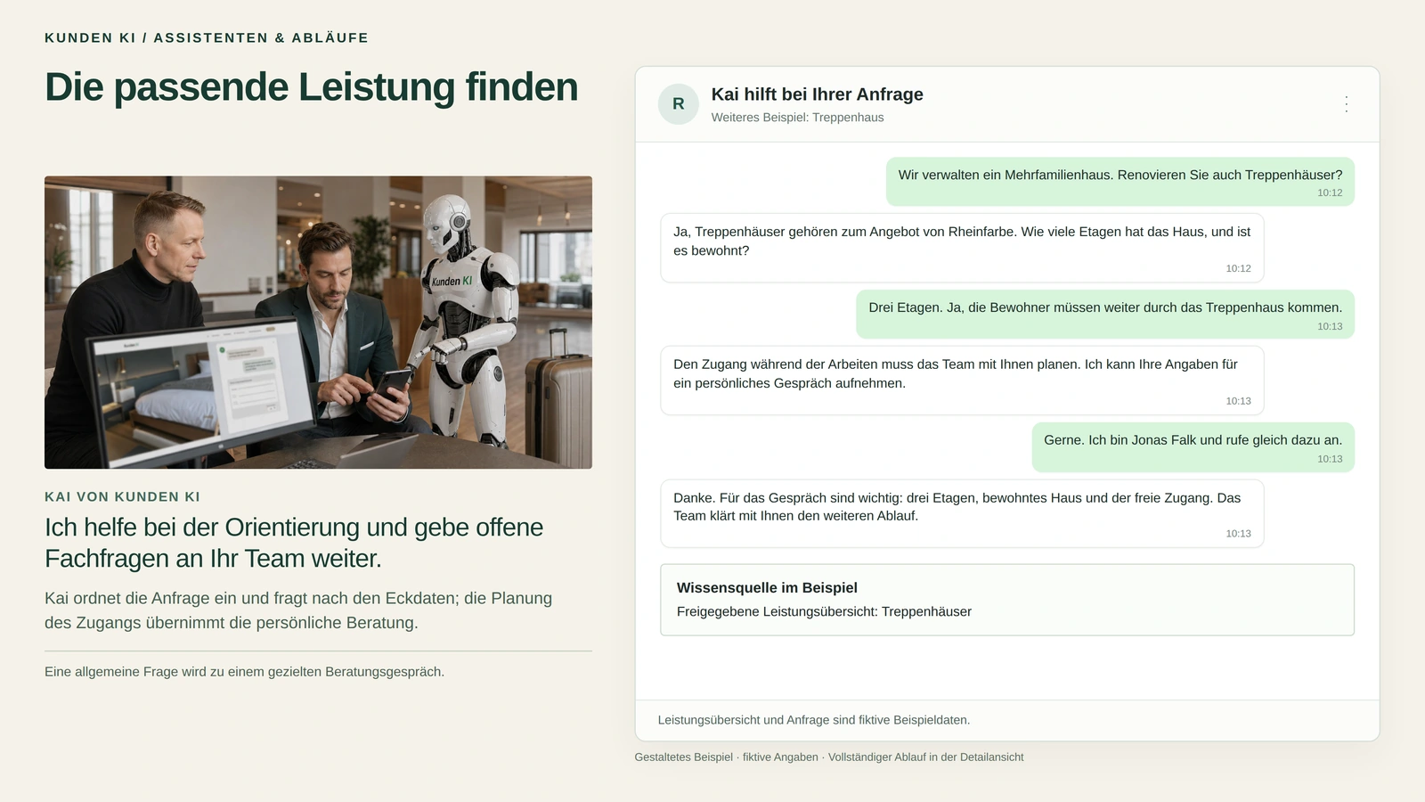 Gestaltetes Beispiel: zwei Männer mit Smartphone vor einem Bildschirm und ein humanoider Roboter, daneben ein Chat zur Renovierung eines Treppenhauses