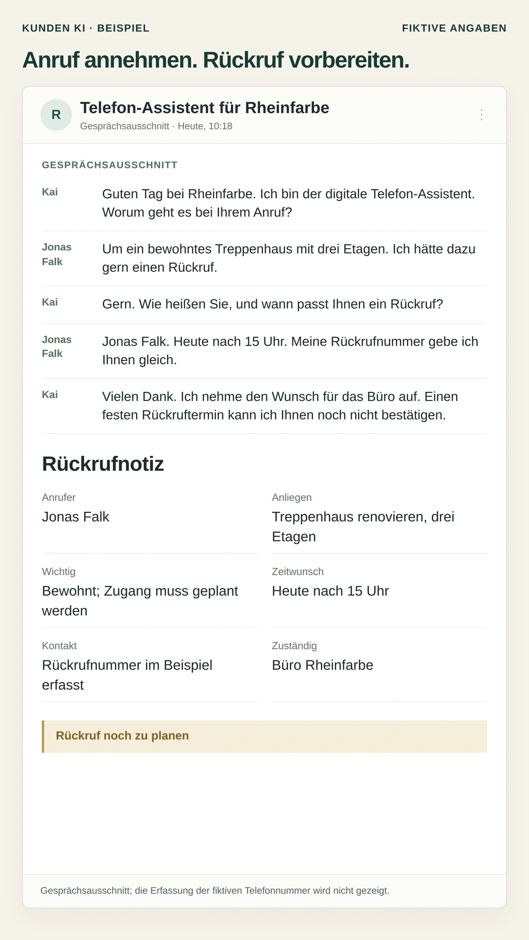 Gestaltetes Beispiel, Telefon-Assistent: Gesprächsausschnitt mit einem Anrufer zum Treppenhaus und die daraus entstandene Rückrufnotiz