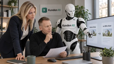Kai und das Kunden-KI-Team bei der Bearbeitung einer Anfrage im Büro. Gestaltete Arbeitsszene.