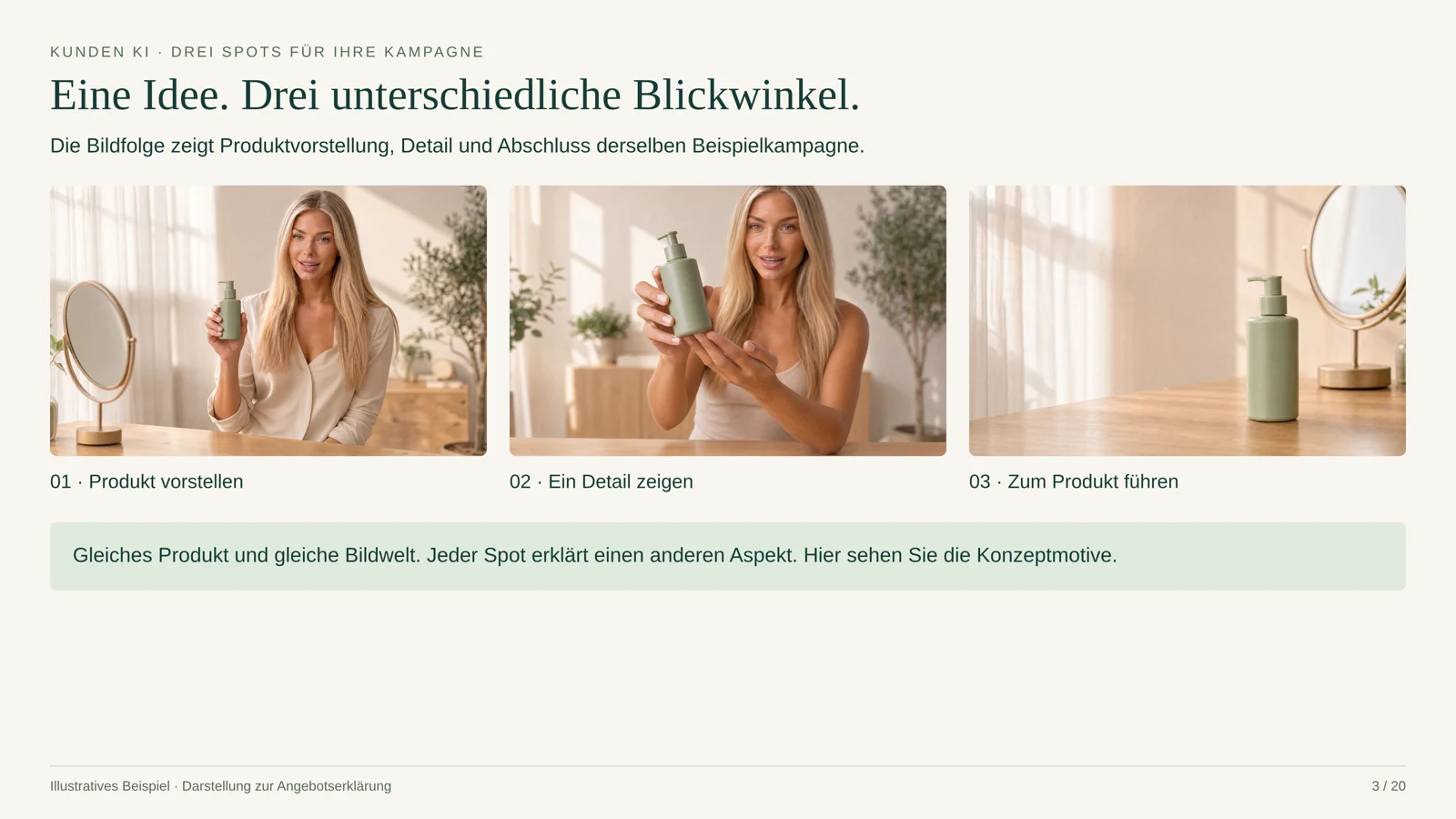 Drei Spots für Ihre Kampagne: Eine Idee. Drei unterschiedliche Blickwinkel.