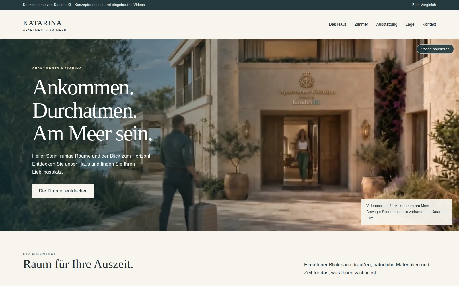 Ansicht der Apartments Katarina · vollständige Hotelwebsite mit drei eingebetteten Filmszenen