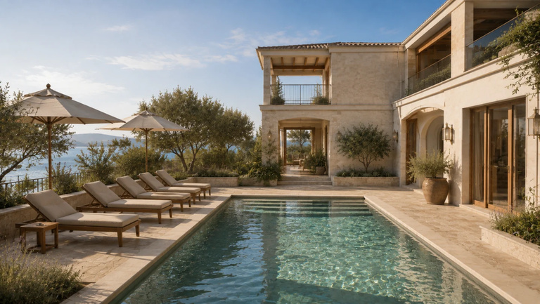 Pool mit Liegen und Sonnenschirmen vor dem Haus, dahinter Olivenbäume und das Meer