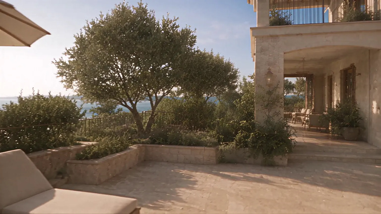 Terrasse mit Liegen unter einem Olivenbaum, Sonnenschirm und Blick zum Meer