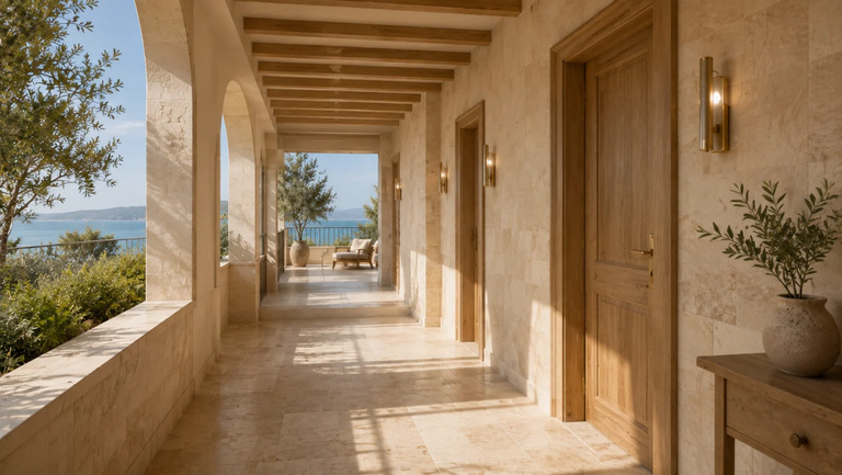 Korridor mit Steinbögen, Holztüren und Wandleuchten, am Ende ein Fenster zum Meer
