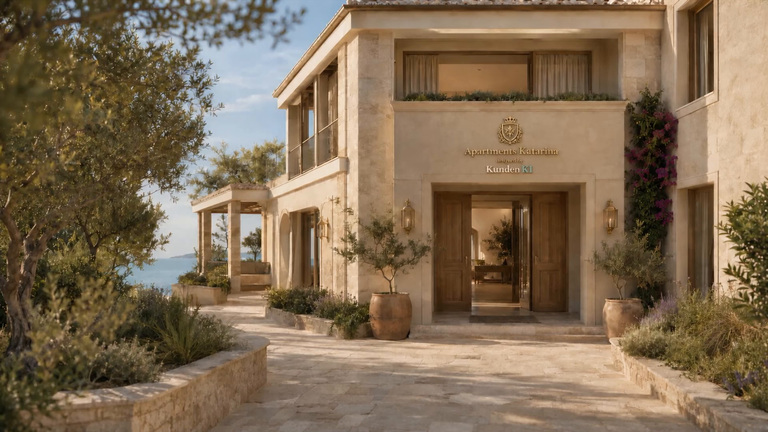 Heller Steineingang der Apartments Katarina mit Holztür, Olivenbaum im Kübel und Blick auf das Meer