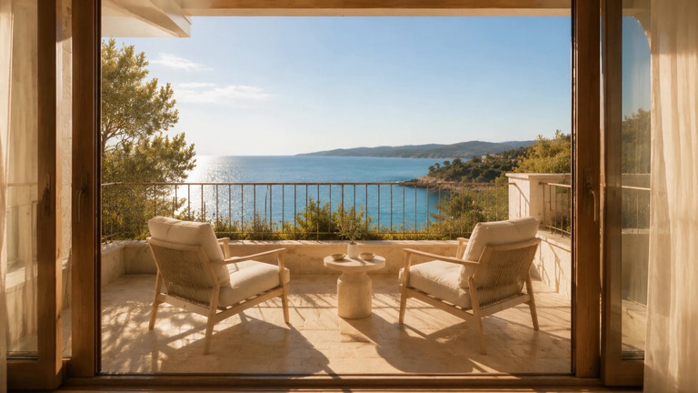 Terrasse mit zwei Sesseln und Blick über die Bucht am Morgen