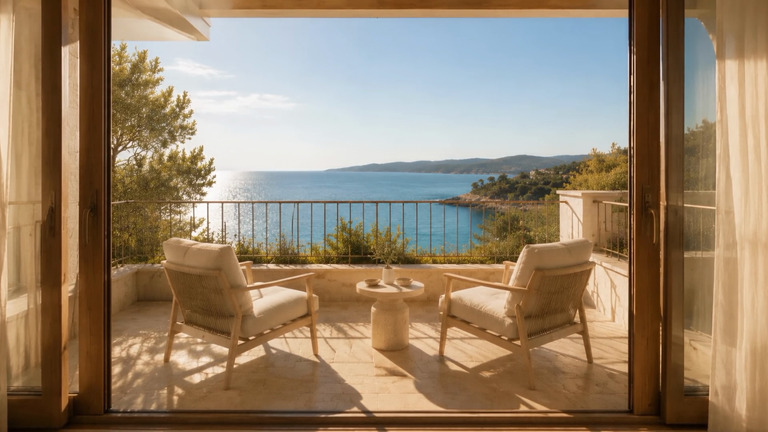 Terrasse mit zwei Sesseln und Blick über die Bucht am Morgen