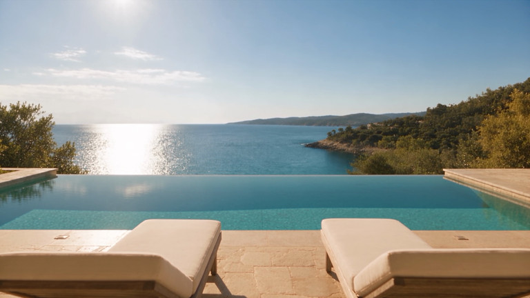 Pool mit Liegen über dem Meer am Mittag
