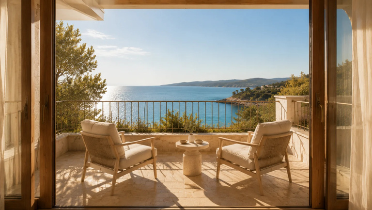 Private Loggia mit zwei Sesseln, wehendem Vorhang und Blick auf die Bucht